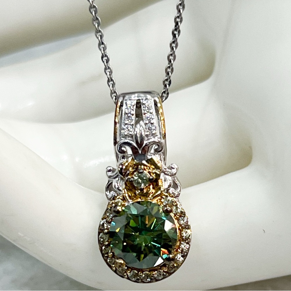 Green and White Moissanite Green Sapphire Sterling Silver Pendant 20” Necklace
